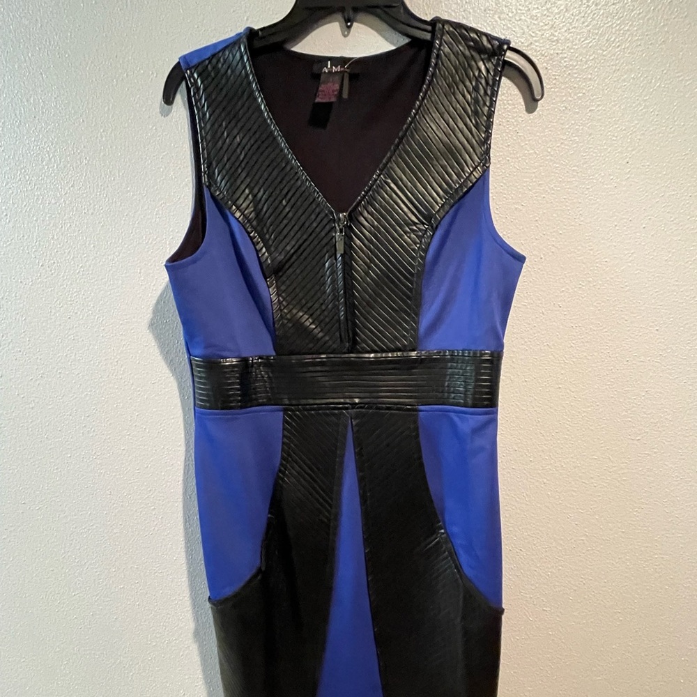 Alberto Makali Blue sleeveless dress w/ faux black leather trim - size L